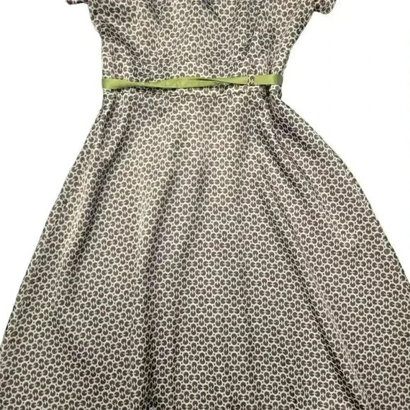 Robbie Bee Women's White/Brown/Lime Green Poly Satin A-Line Short Sleeve Button - Picture 7 of 12